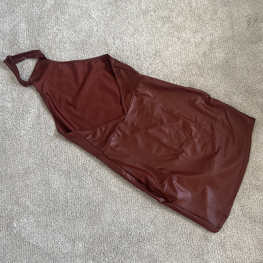 Brown Faux-Leather Halter Mini Dress - Picture 6 of 6